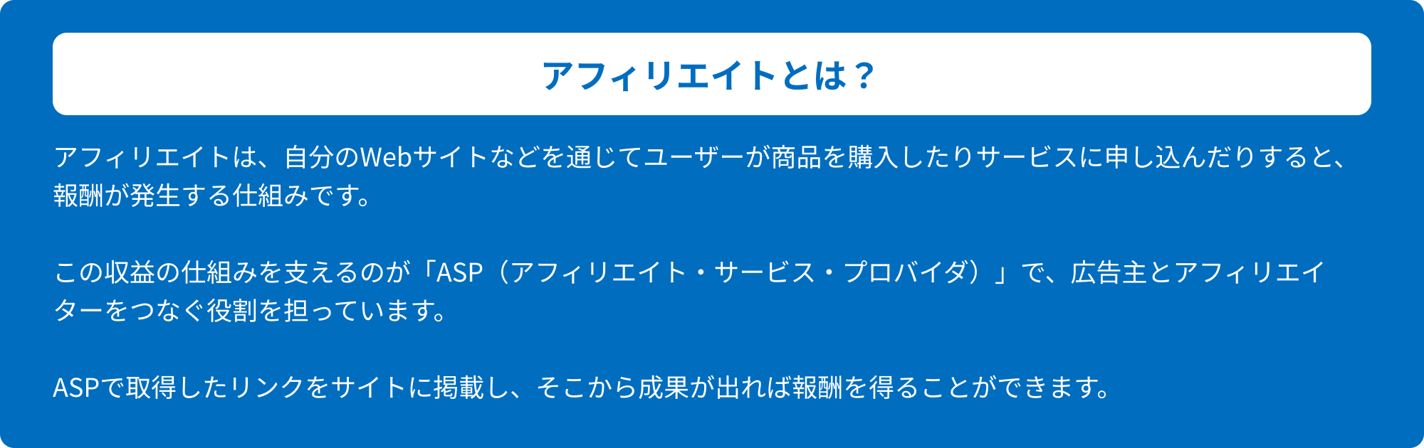 アフィリエイトとは？アフィリエイトは、自分のWebサイトなどを通じてユーザーが商品を購入したりサービスに申し込んだりすると、報酬が発生する仕組みです。この収益の仕組みを支えるのが「ASP（アフィリエイト・サービス・プロバイダ）」で、広告主とアフィリエイターをつなぐ役割を担っています。ASPで取得したリンクをサイトに掲載し、そこから成果が出れば報酬を得ることができます。
